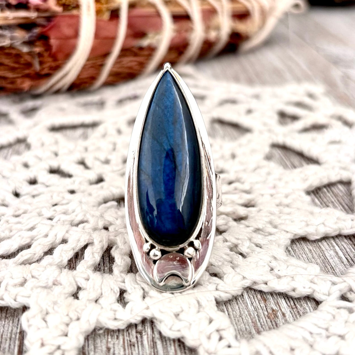 Sterling silver Labradorite ring with blue crystal, designed by FOXLARK, adjustable size 6-10, featuring a moon motif for women.