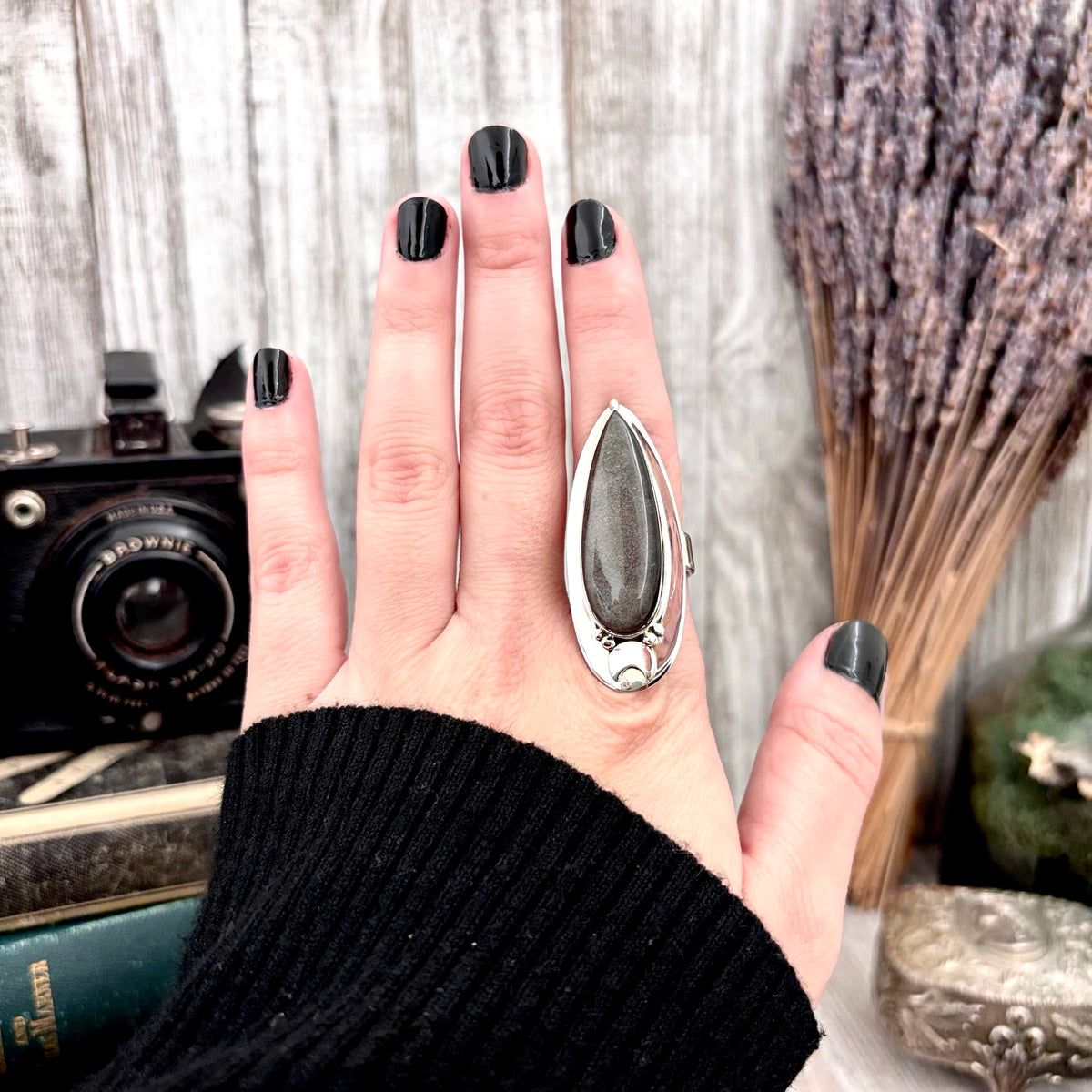Silver Sheen Obsidian ring by FOXLARK featuring a magic moon design in sterling silver, adjustable size 6 to 10.