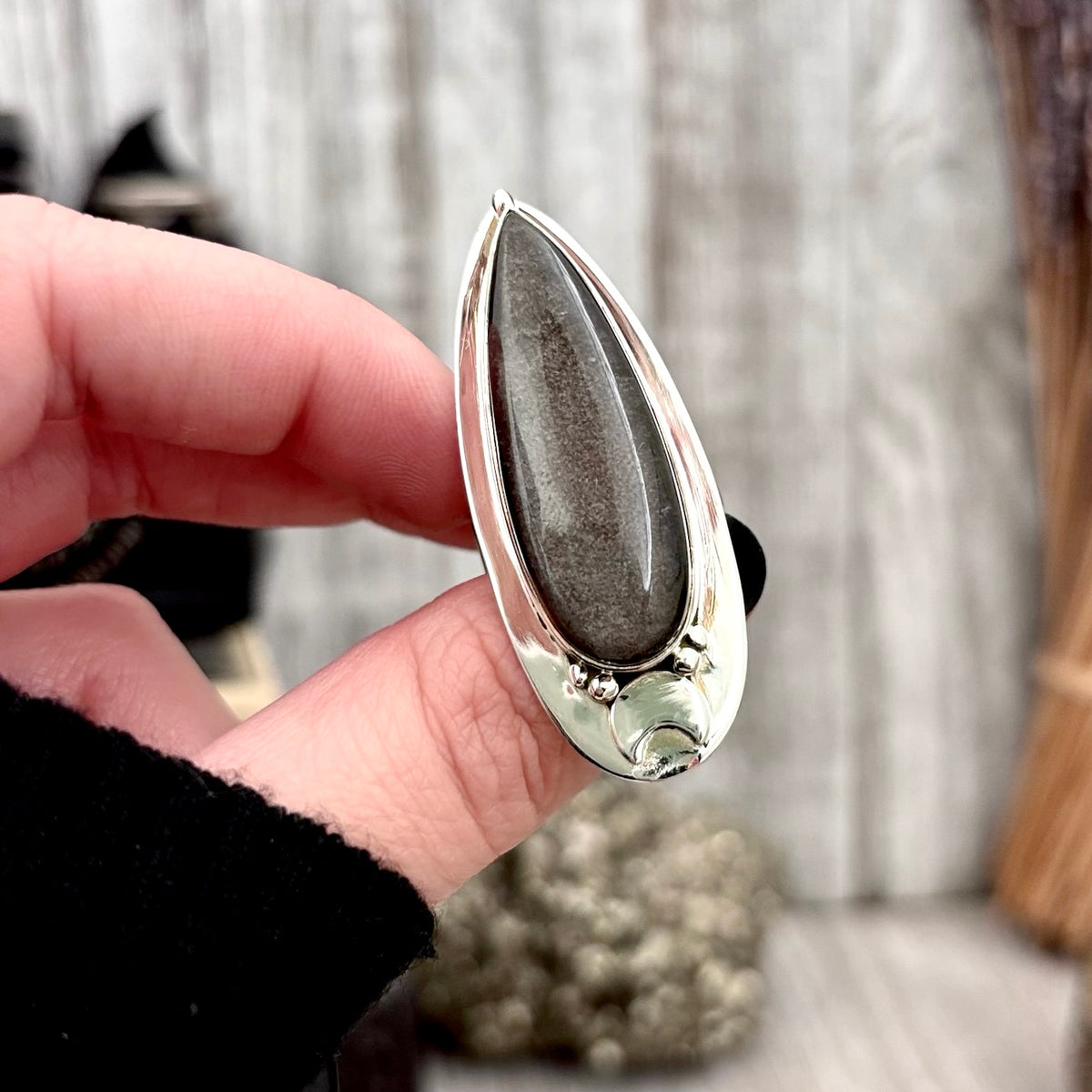 Silver Sheen Obsidian ring by FOXLARK featuring a moon design in sterling silver, adjustable size 6 to 10.
