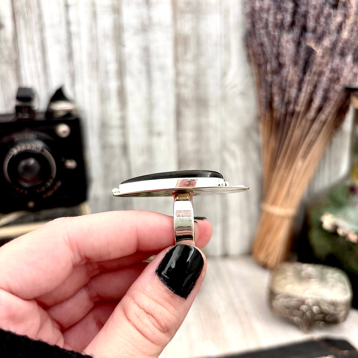 Silver Sheen Obsidian ring by FOXLARK featuring a magic moon design in sterling silver, adjustable size 6-10.