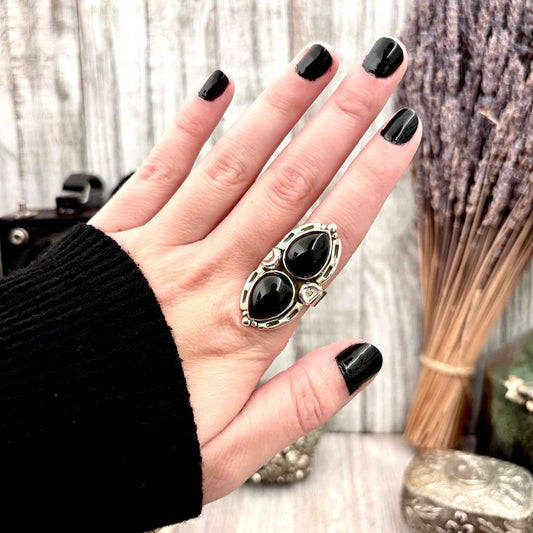 FOXLARK black onyx crystal ring in solid sterling silver with Gothic design, adjustable size 6-9, from the Mystic Moons collection.