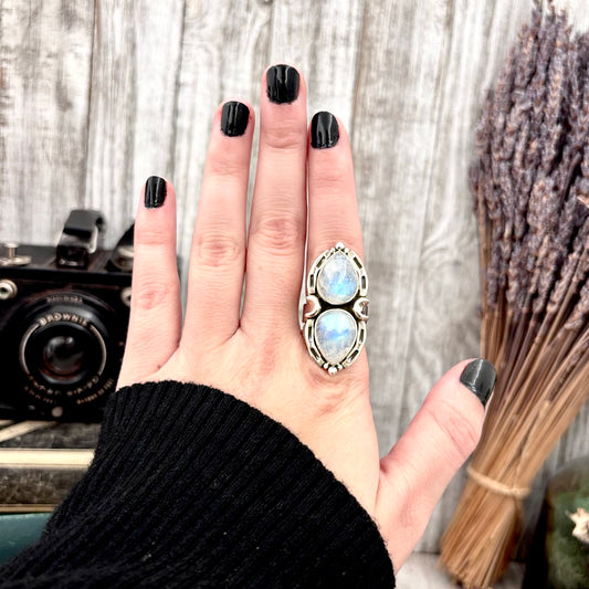 Mystic Moons Rainbow Moonstone Crystal Ring in Solid Sterling Silver- Designed by FOXLARK Collection Adjustable Ring Size Range 6-9