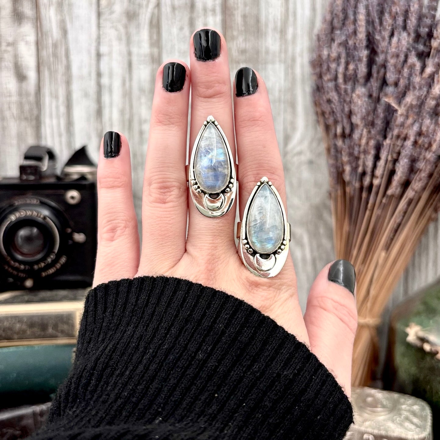 Midnight Moon Rainbow Moonstone Crystal Ring in Sterling Silver- Designed by FOXLARK Collection Adjustable to Size 6 7 8 9