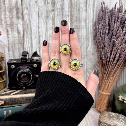 Green Eyeball Fine Silver Ring Size 5 6 7 8 9 10 / Foxlark Collection