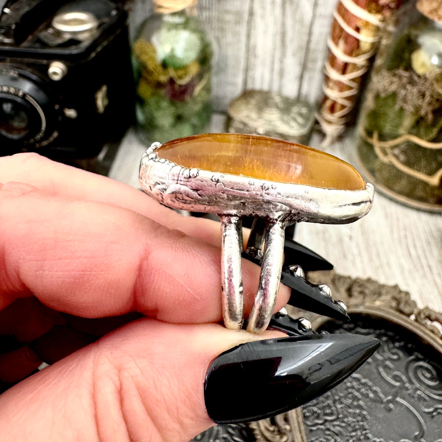 Baltic Amber Crystal Ring Fine Silver Size 6.5 / Foxlark Collection - One of a Kind