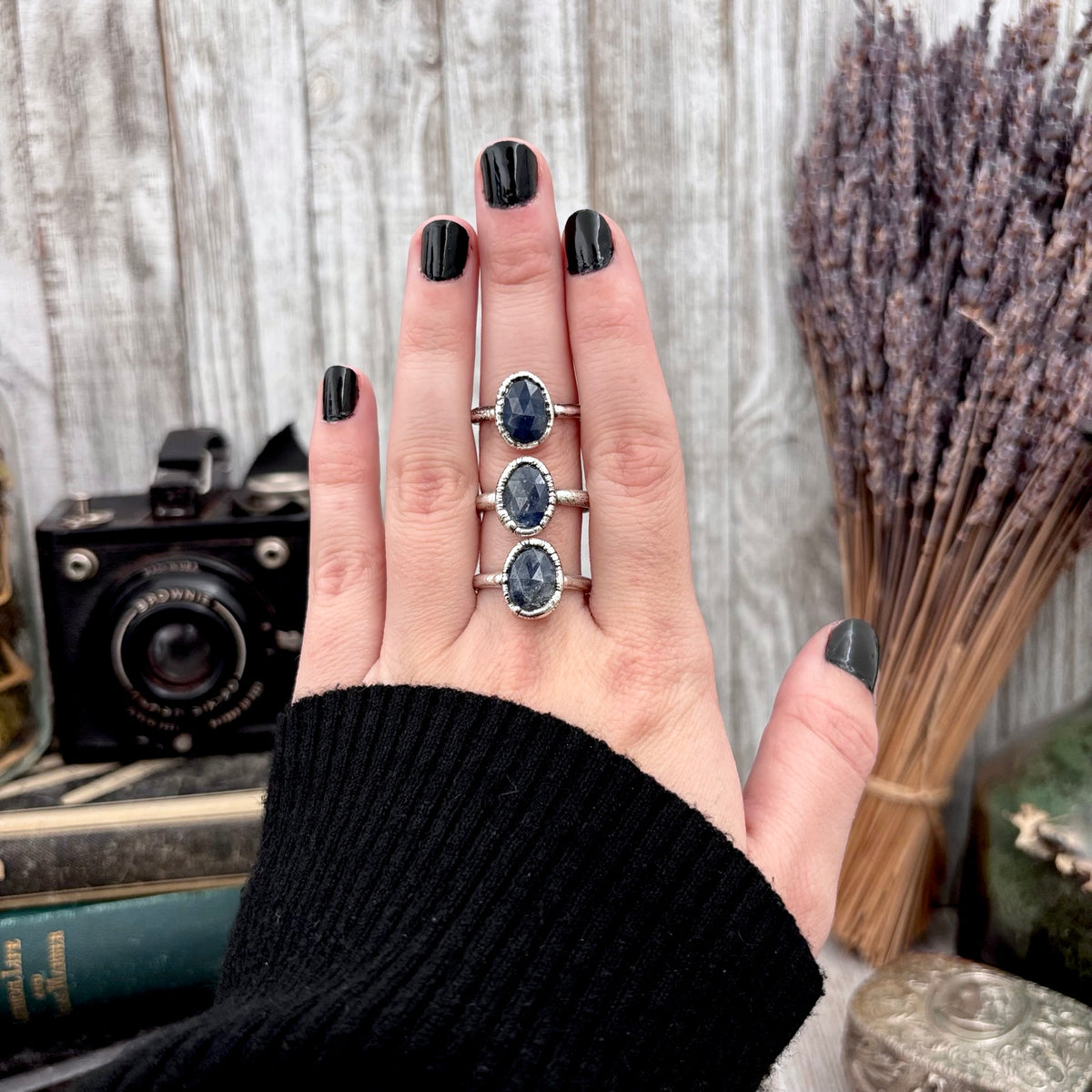Fine silver sapphire ring with faceted stone, available in sizes 5 to 11 from the FOXLARK collection.