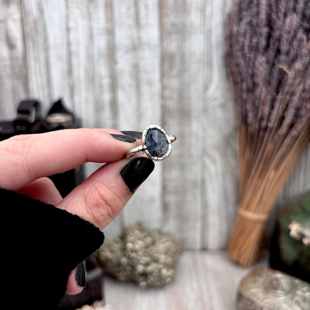 Fine silver sapphire ring with faceted stone, available in sizes 5 to 11, from the FOXLARK collection.
