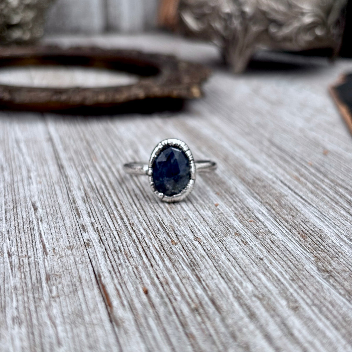 Fine silver sapphire ring with faceted stone, available in sizes 5-11 from the FOXLARK collection.