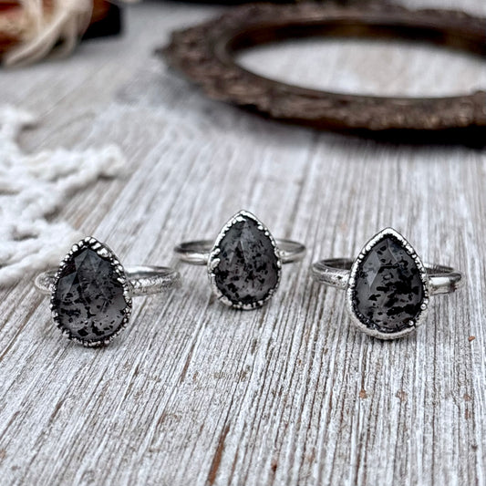 Graphite Included Quartz Ring Fine Silver Small faceted Stone Ring Size 5 6 7 8 9 10 11 / Foxlark Collection