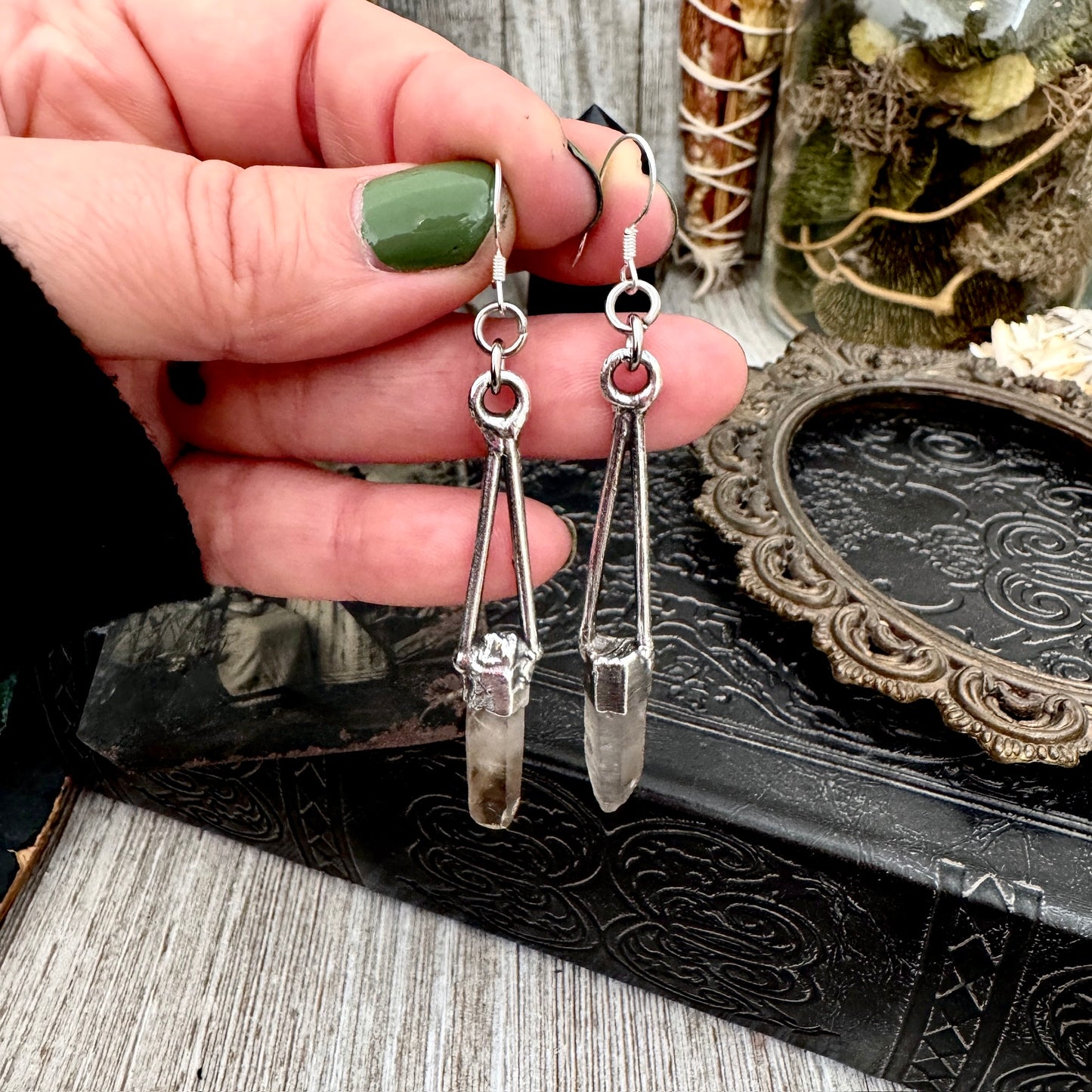Raw Smoky Quartz Fine Silver Crystal Dangle Earrings / Long Dangle Witchy Earrings FOXLARK
