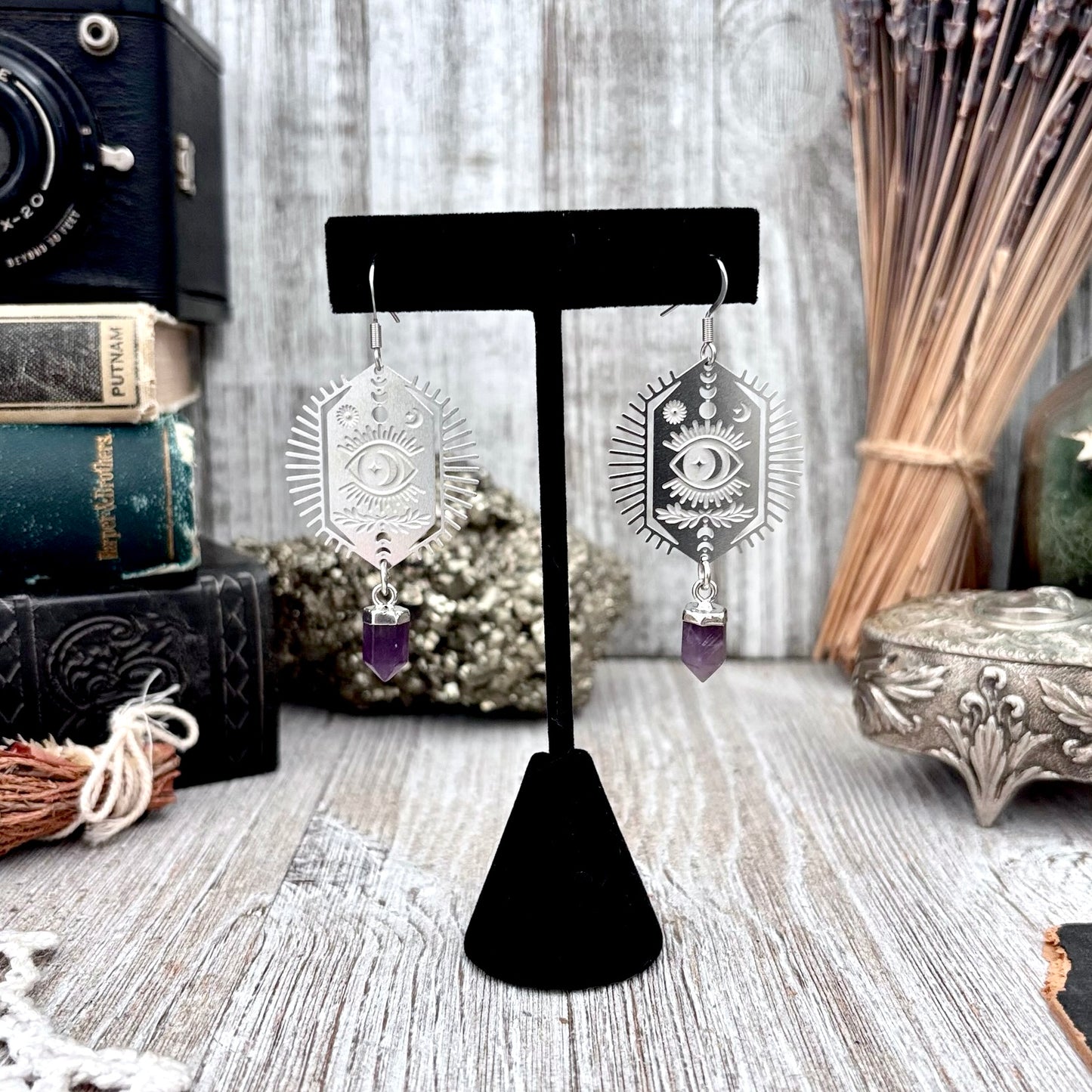 Stainless Steel All Seeing Eye Amethyst Earrings / Long Dangle Earrings