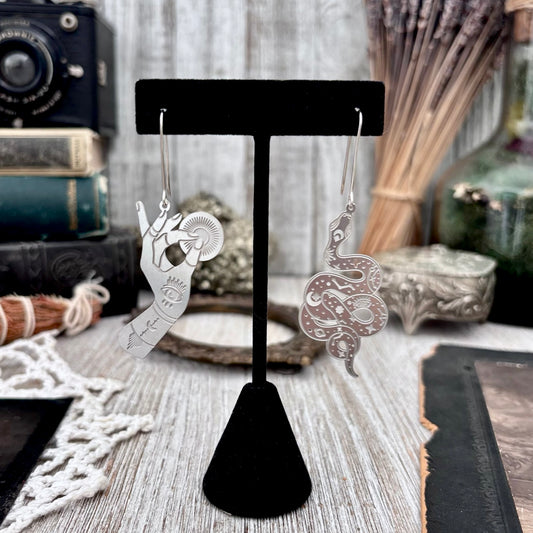 Stainless Steel Celestial Snake and Hand Earrings / Long Dangle Earrings