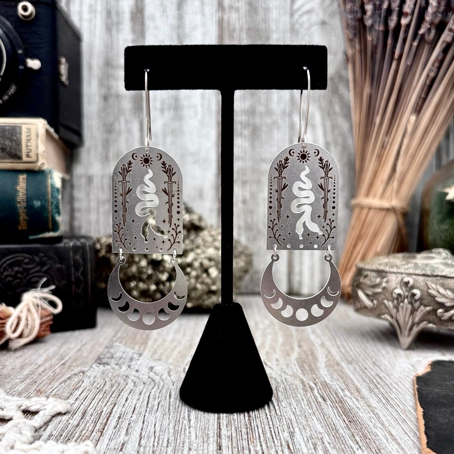 Stainless Steel Moon Phases Two Headed Snake Earrings / Long Dangle Earrings