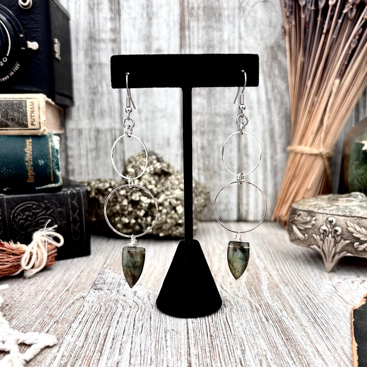 Stainless Steel Labradorite Hoop Earrings / Long Dangle Earrings