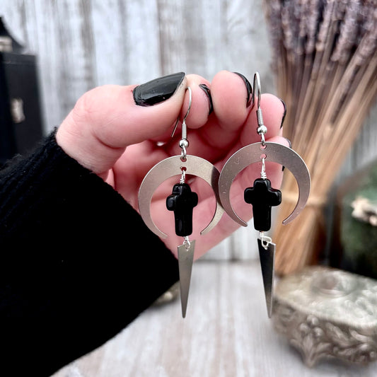 Stainless Steel Black Cross Earrings / Long Dangle Earrings