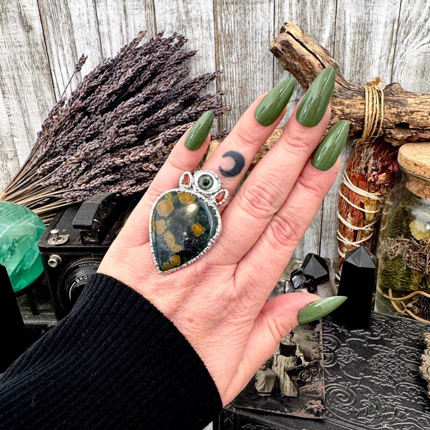 Multi Stone Ocean Jasper Carnelian & Glass Eye Ring In Fine Silver Size 8.5 / Foxlark Collection