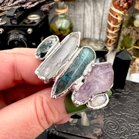 Multi Stone Moss Agate Clear Quartz Labradorite Amethyst & Rainbow Moonstone Ring In Fine Silver Size 10 / Foxlark Collection
