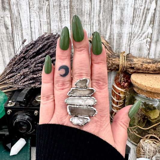 Multi Stone Clear Quartz & Smoky Quartz Ring In Fine Silver Size 9 / Foxlark Collection
