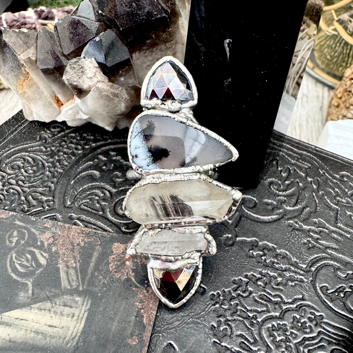 Multi Stone Pyrite Clear Quartz Garden Quartz & Dendritic Agate Ring In Fine Silver Size 8 / Foxlark Collection