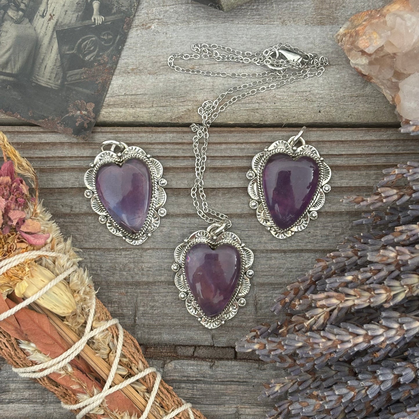Amethyst Crystal Heart Necklace in Sterling Silver -Designed by FOXLARK Collection