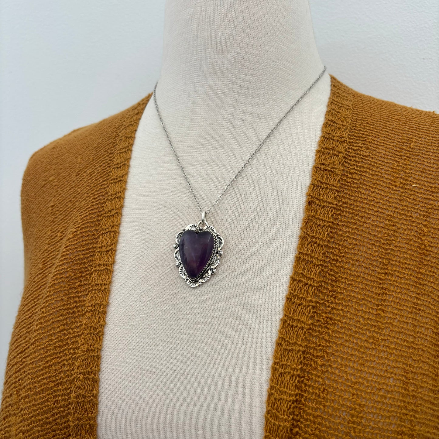 Amethyst Crystal Heart Necklace in Sterling Silver -Designed by FOXLARK Collection