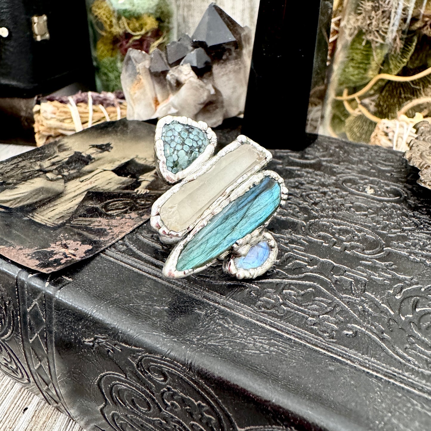 Multi Stone Turquoise Clear Quartz Labradorite & Rainbow Moonstone Ring In Fine Silver Size 8 / Foxlark Collection
