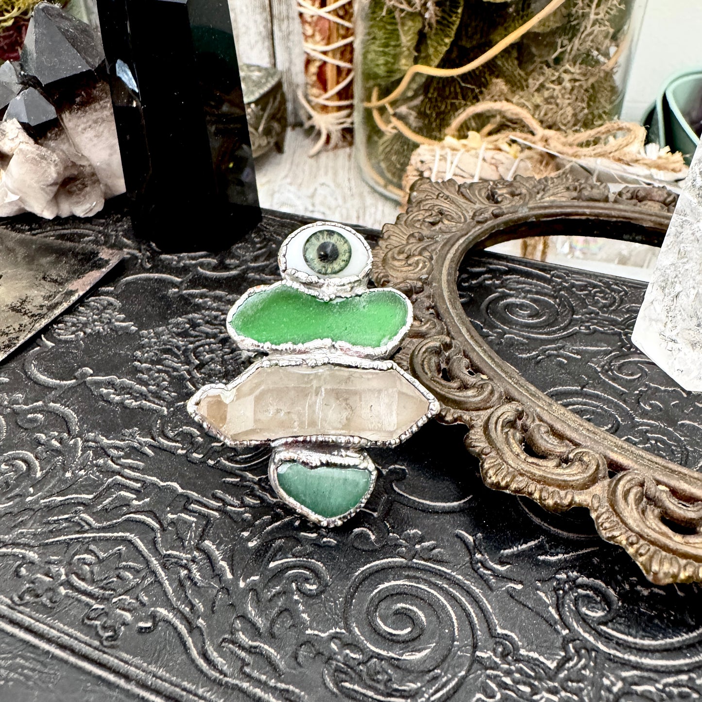 Multi Stone Glass Eye Sea Glass Clear Quartz & Aventurine Ring In Fine Silver Size 10 / Foxlark Collection