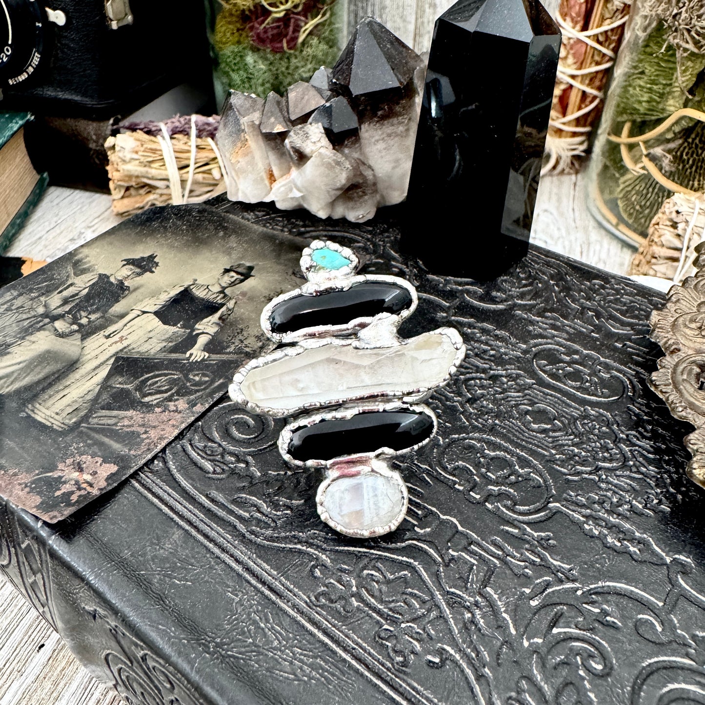 Multi Stone Turquoise Black Onyx Clear Quartz & Rainbow Moonstone Ring In Fine Silver Size 10 / Foxlark Collection