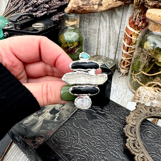 Multi Stone Turquoise Black Onyx Clear Quartz & Rainbow Moonstone Ring In Fine Silver Size 10 / Foxlark Collection