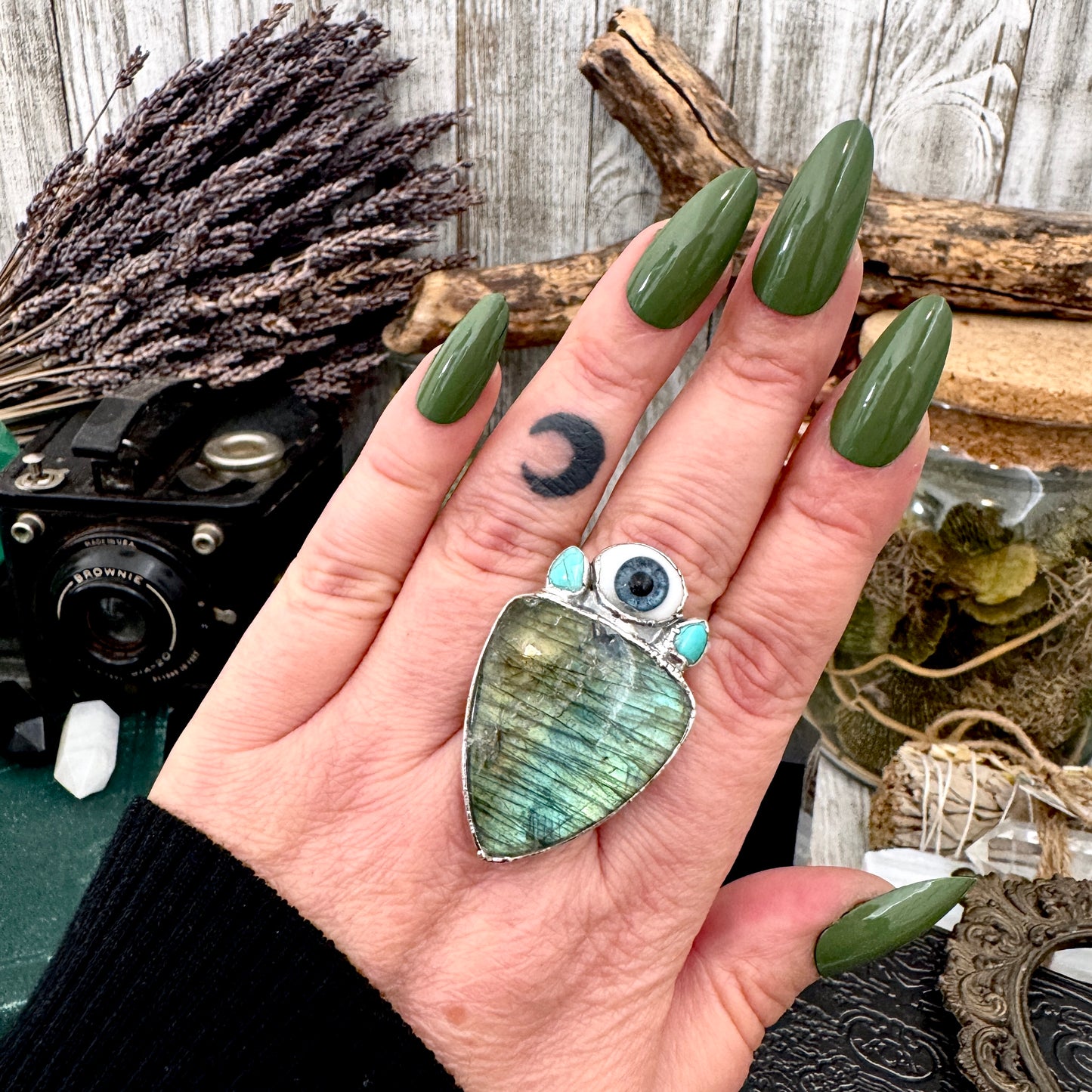 Multi Stone Turquoise Glass Eye & Labradorite Ring In Fine Silver Size 9 / Foxlark Collection