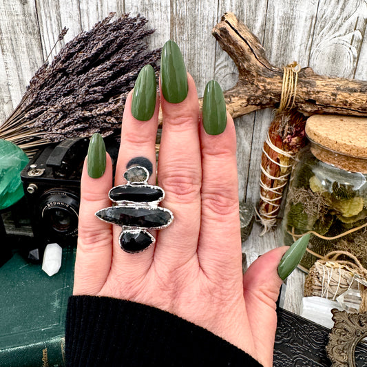 Multi Stone Obsidian Moss Agate & Black Onyx Ring In Fine Silver Size 7 / Foxlark Collection