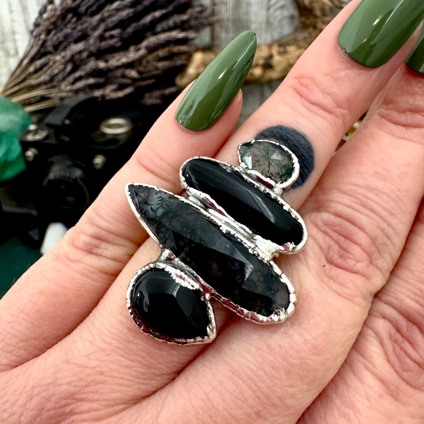 Multi Stone Obsidian Moss Agate & Black Onyx Ring In Fine Silver Size 7 / Foxlark Collection