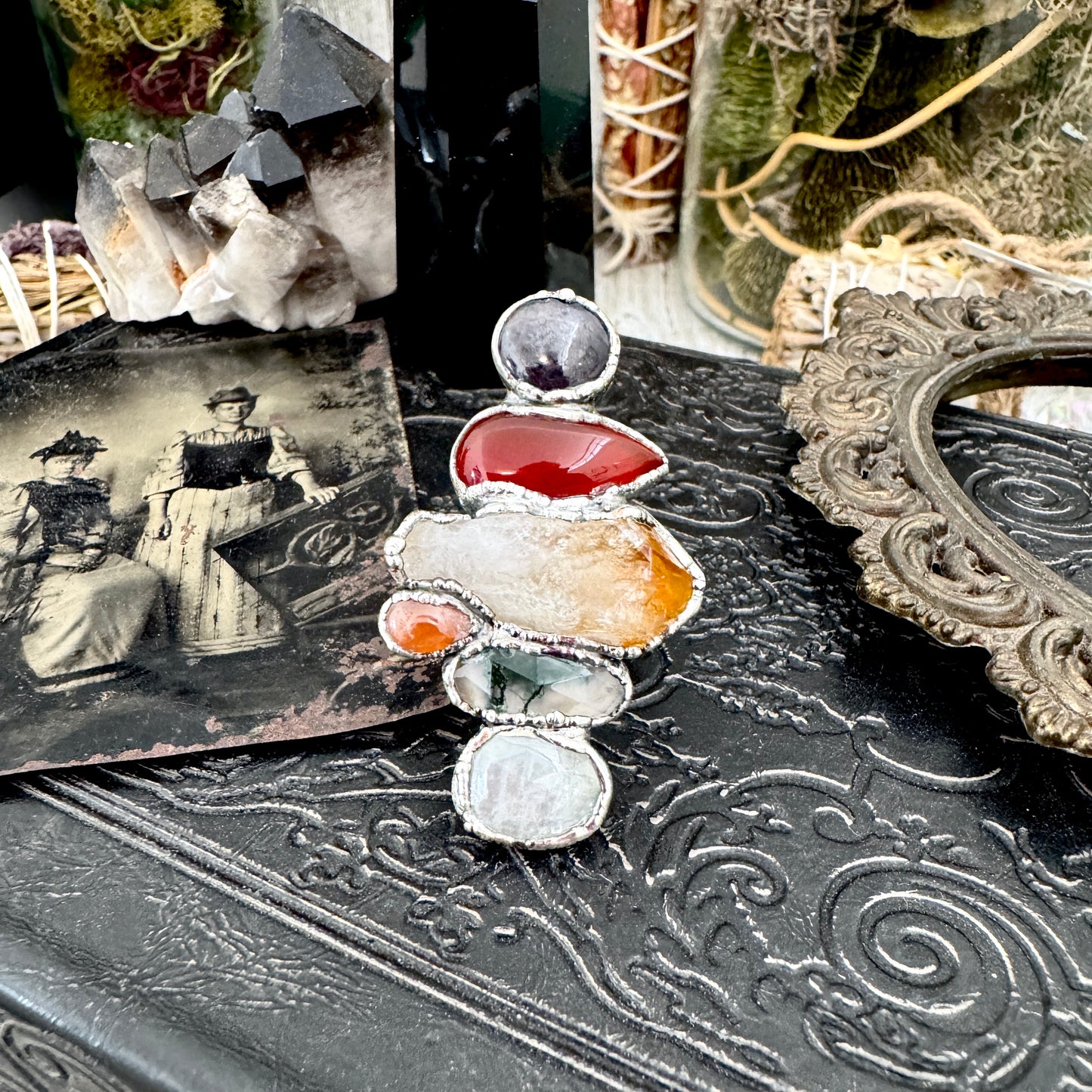 Multi Stone Rainbow Moonstone Moss Agate Citrine Carnelian & Star Ruby Ring In Fine Silver Size 8 / Foxlark Collection