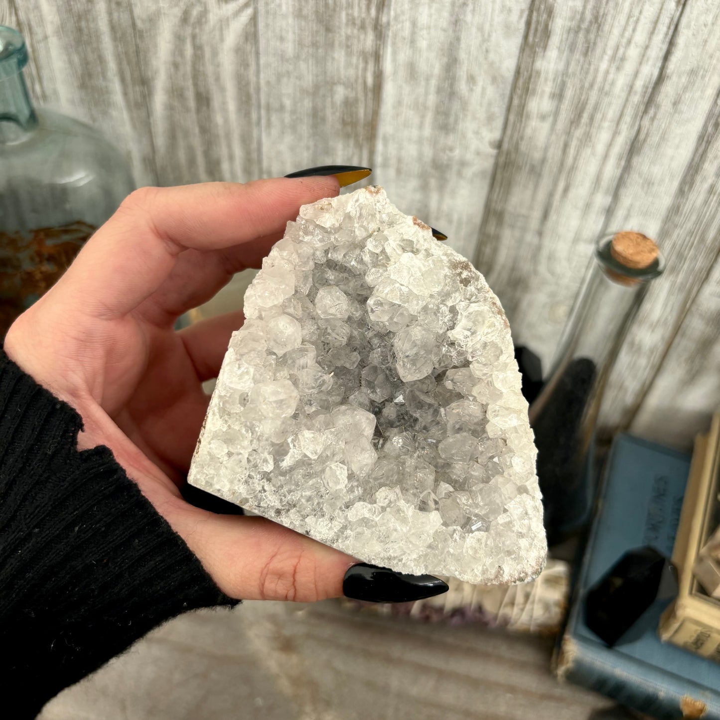 Self-standing amethyst geode crystal cluster from FoxlarkCrystals, showcasing purple crystalline formations on a natural base.