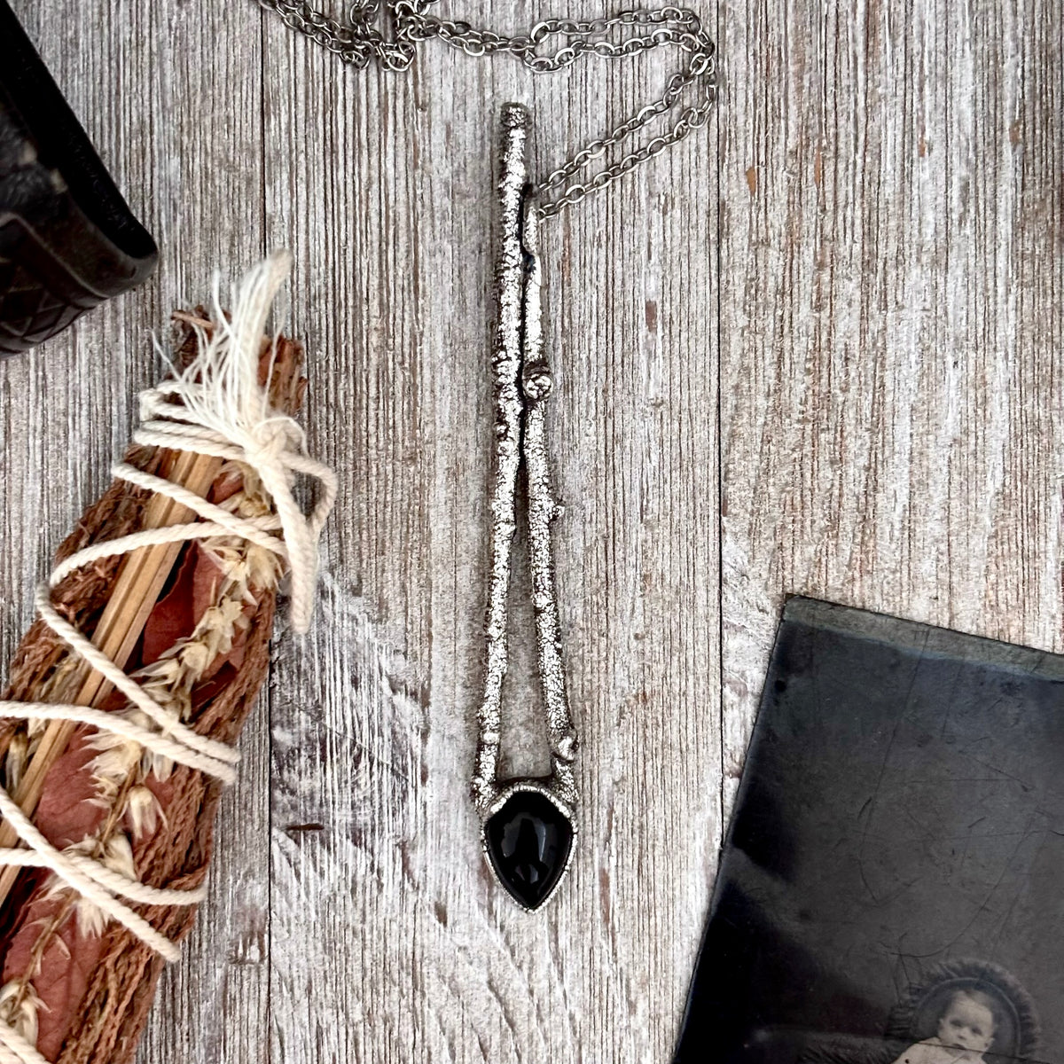 Black Onyx crystal necklace with silver sticks from FOXLARK's Sticks & Stones collection, featuring a sleek, elegant design.