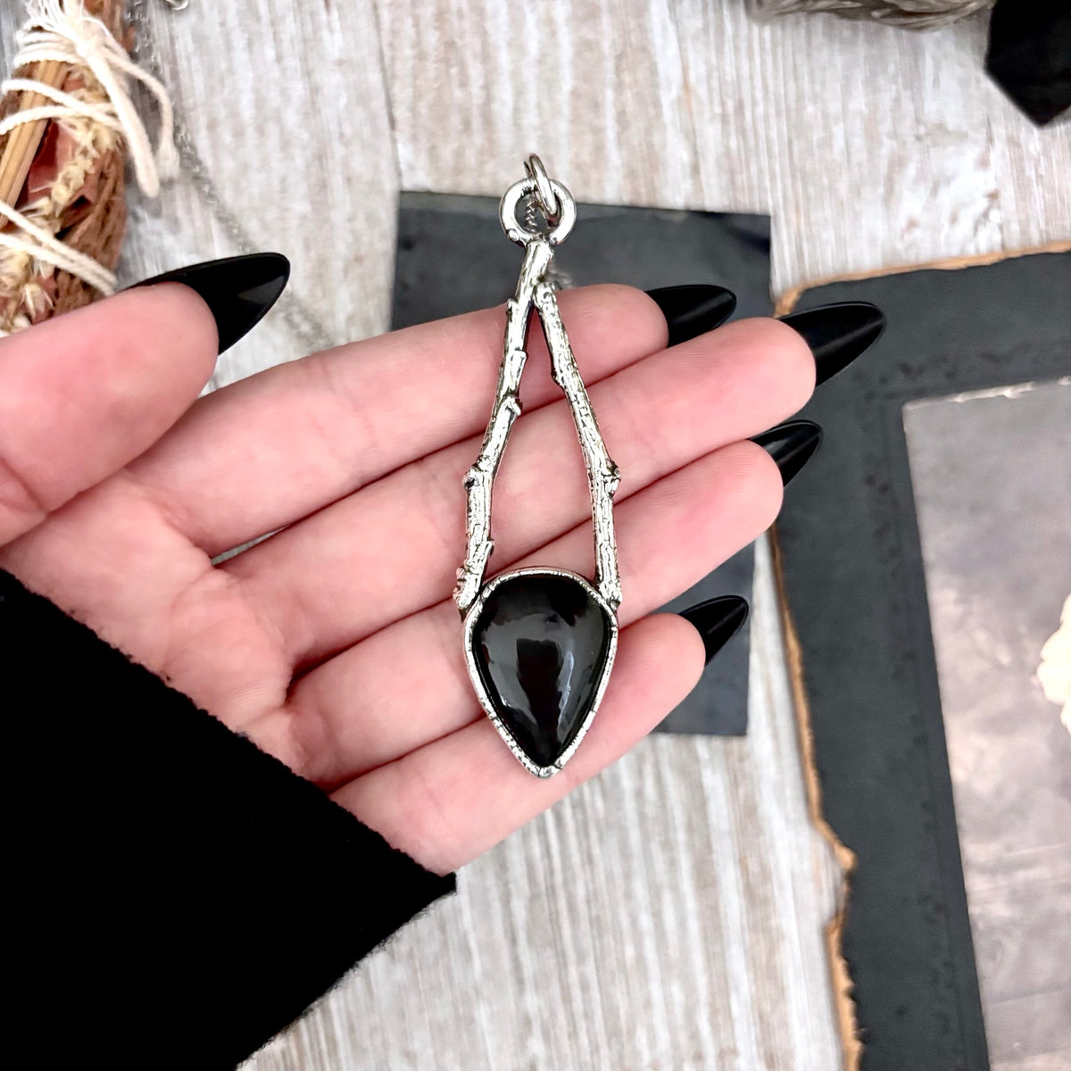 Black onyx crystal necklace with silver sticks from FOXLARK's Sticks & Stones collection, featuring a sleek, elegant design.