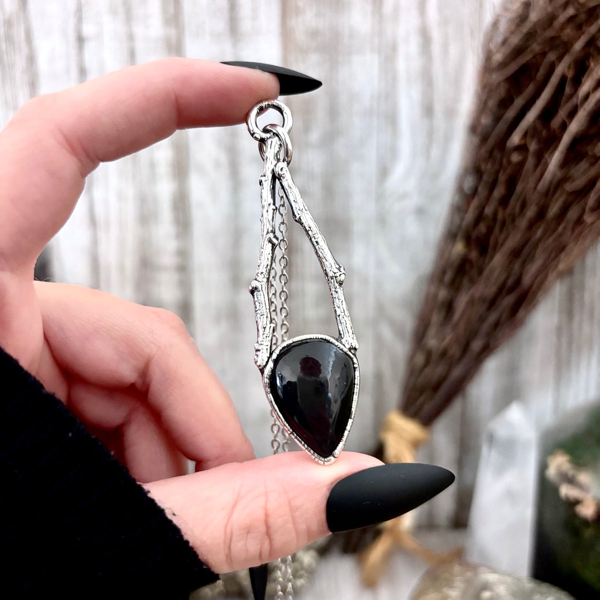 Black Onyx crystal necklace with silver sticks from FOXLARK's Sticks & Stones collection, featuring a sleek and elegant design.