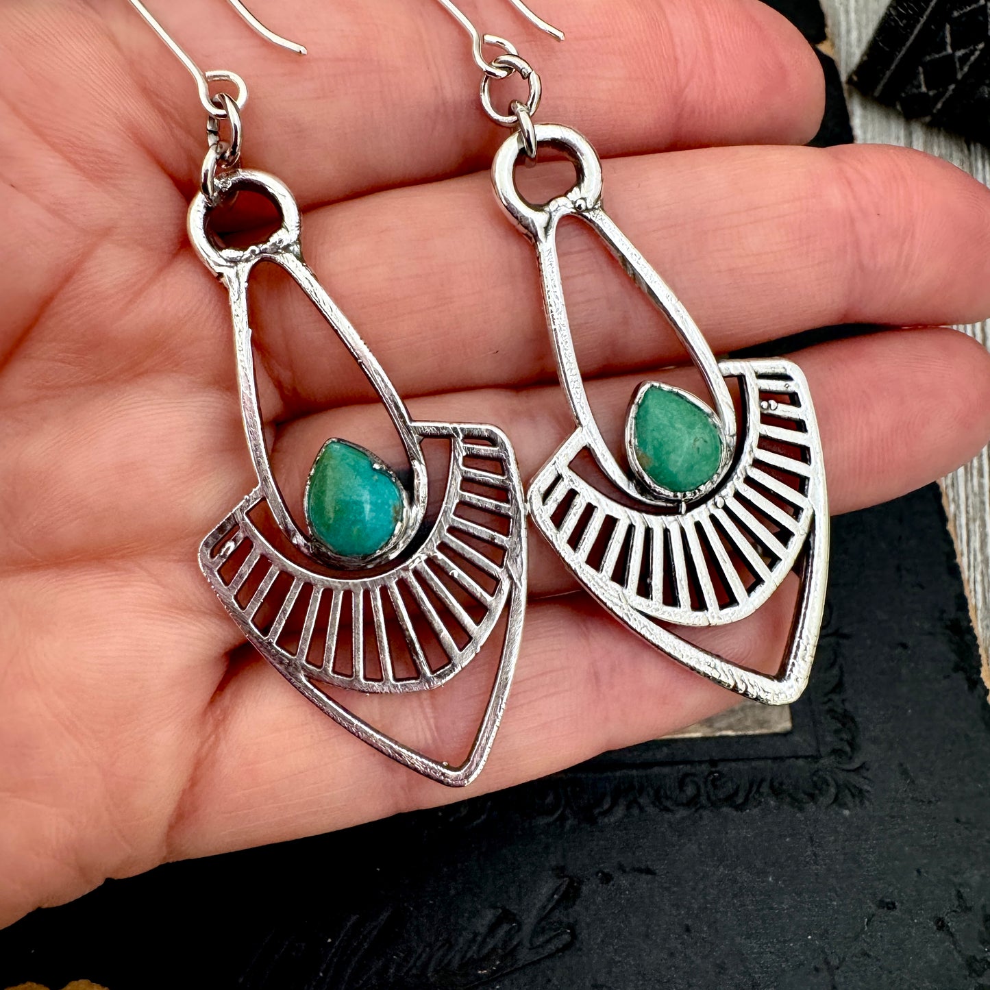Tibetan Turquoise Long Dangle Drop Earrings in Fine Silver
