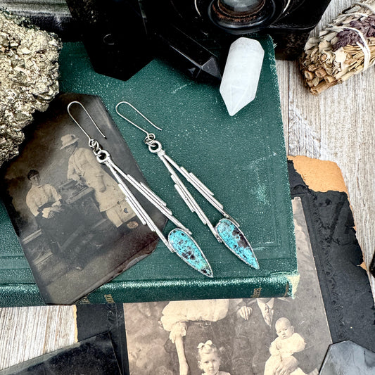 Tibetan Turquoise Dramatic Drop Earrings in Fine Silver