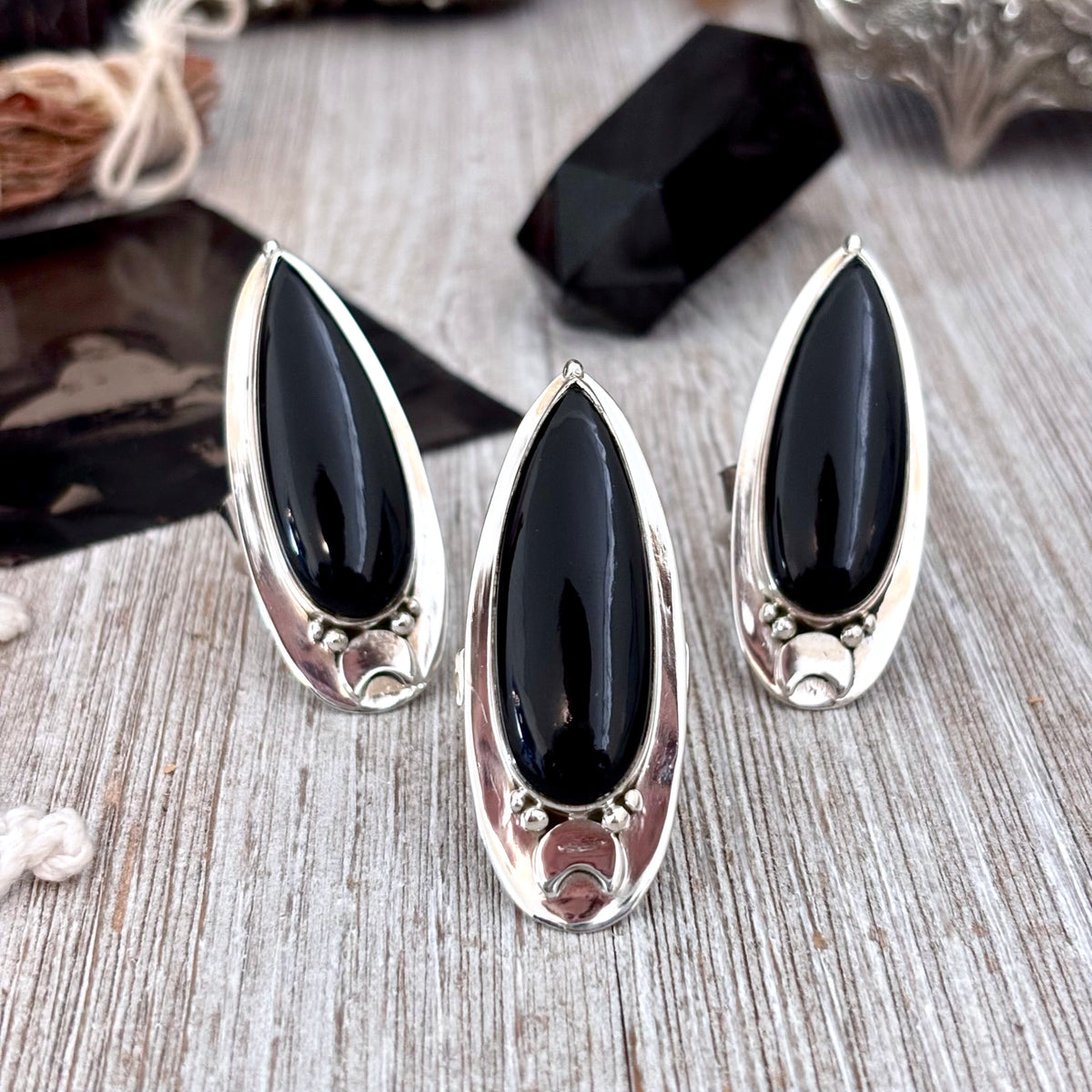 Black Onyx ring in sterling silver with a moon design by FOXLARK, adjustable goth crystal ring perfect for witchy jewelry styles.