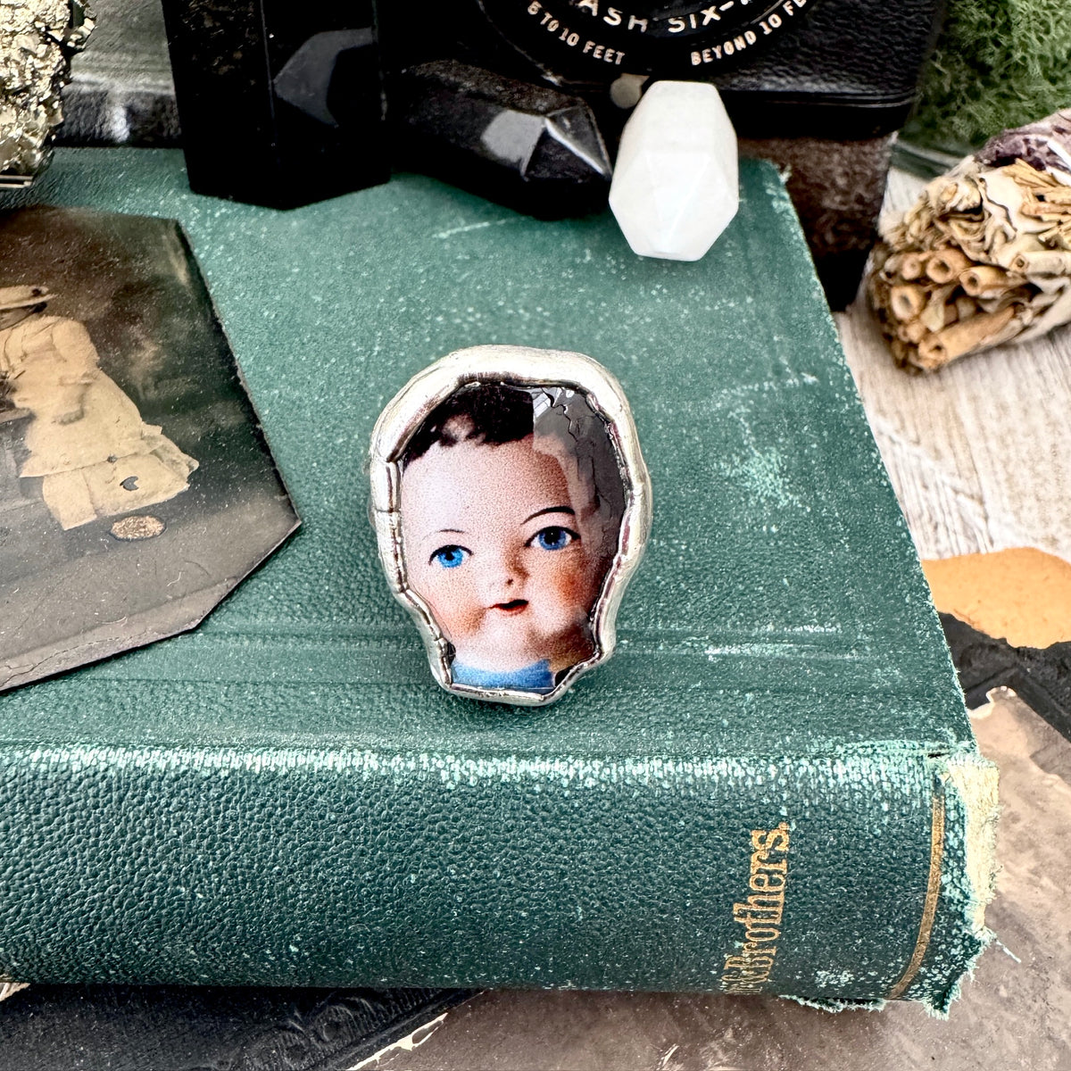 doll head statement ring, fine silver, size 11