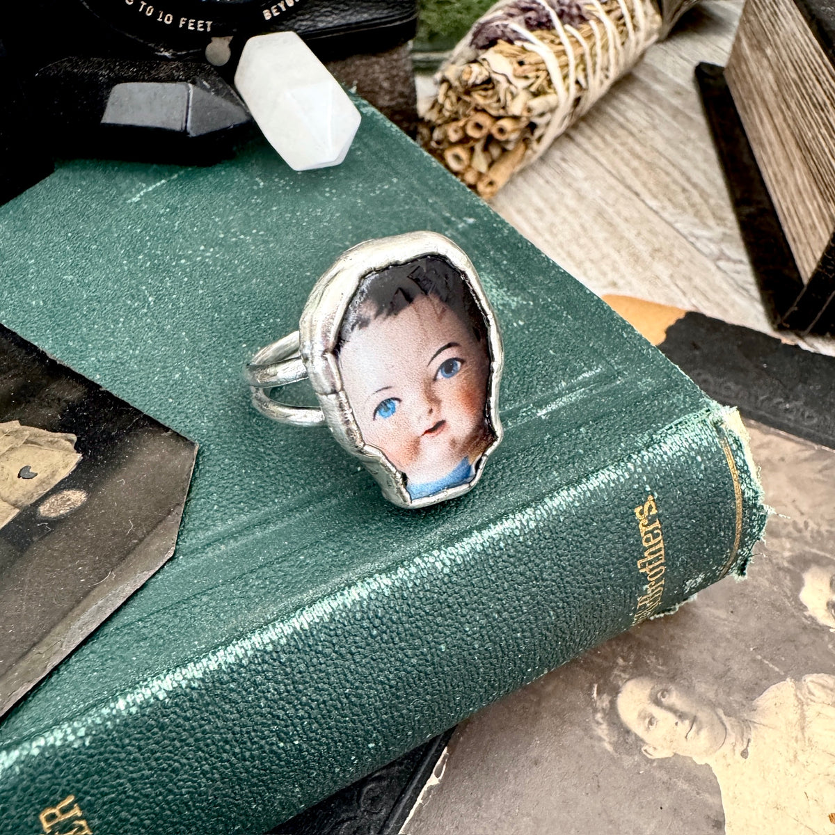 doll head statement ring, fine silver, size 11
