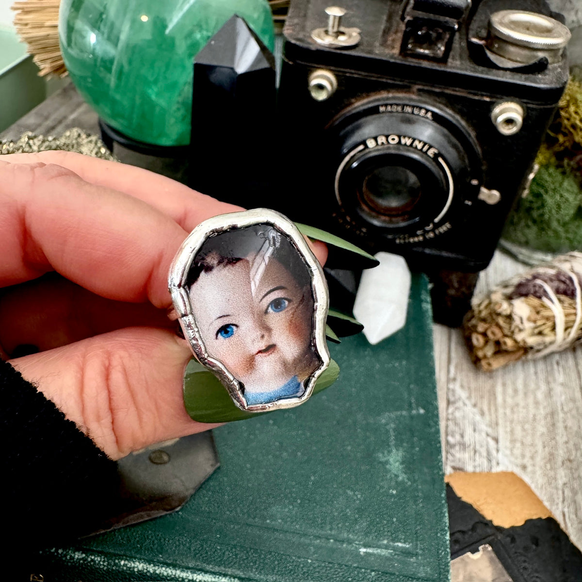 doll head statement ring, fine silver, size 11