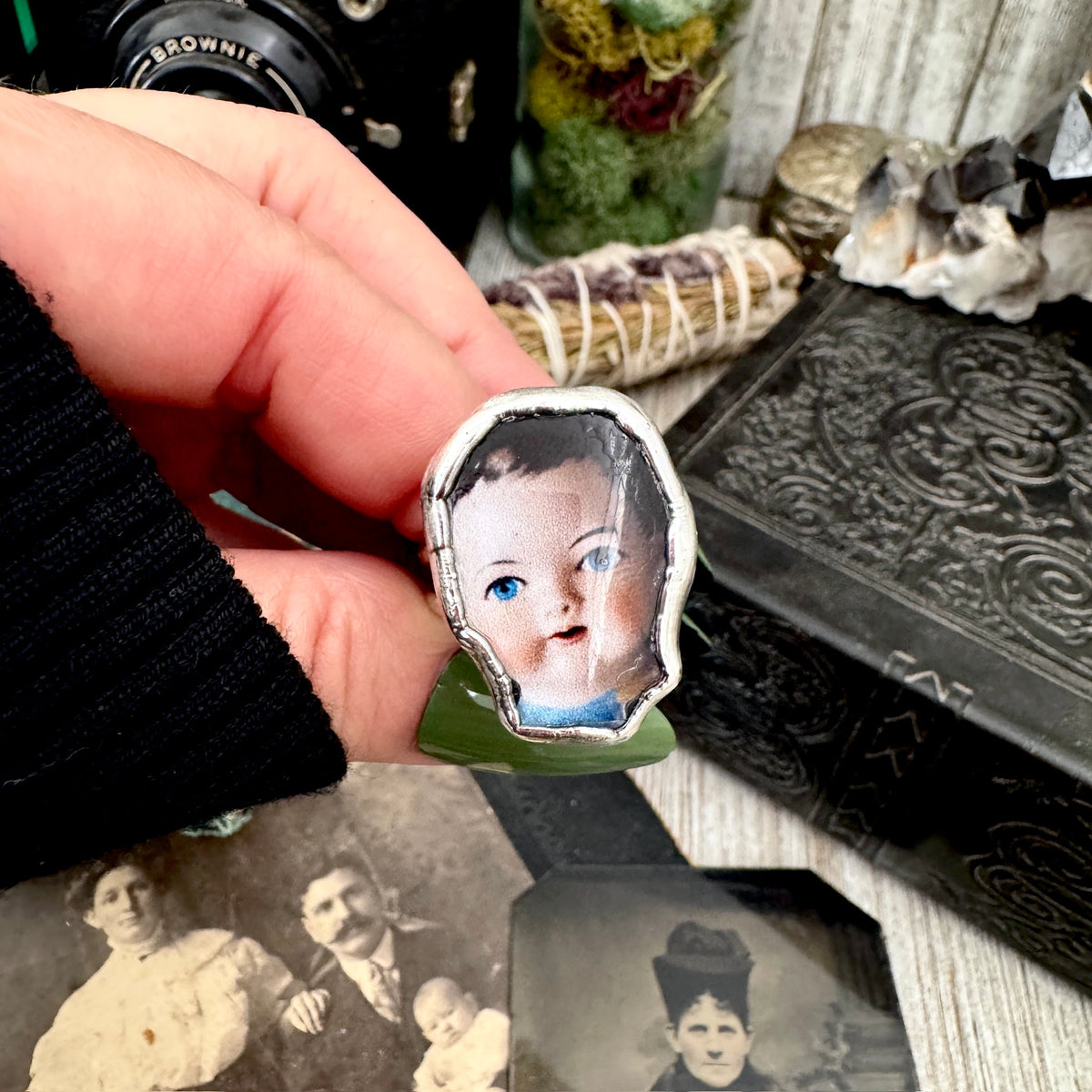 doll head statement ring, fine silver, size 11