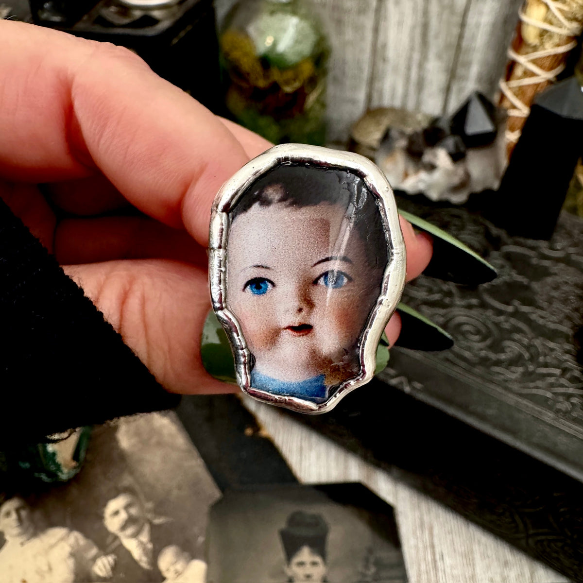 doll head statement ring, fine silver, size 11
