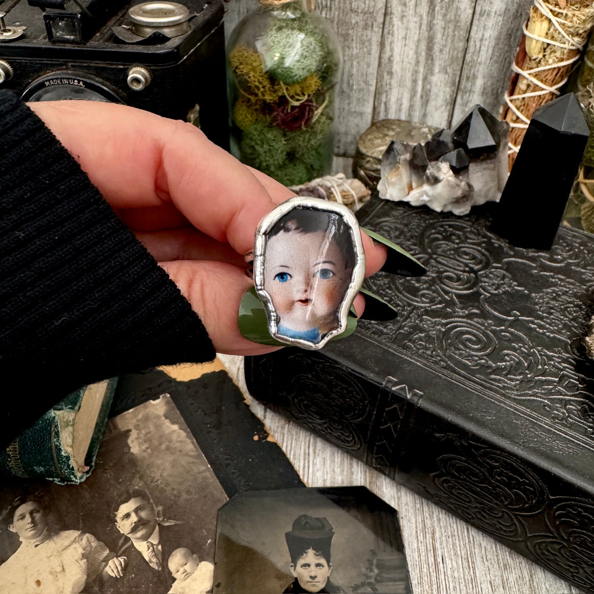 doll head statement ring, fine silver, size 11
