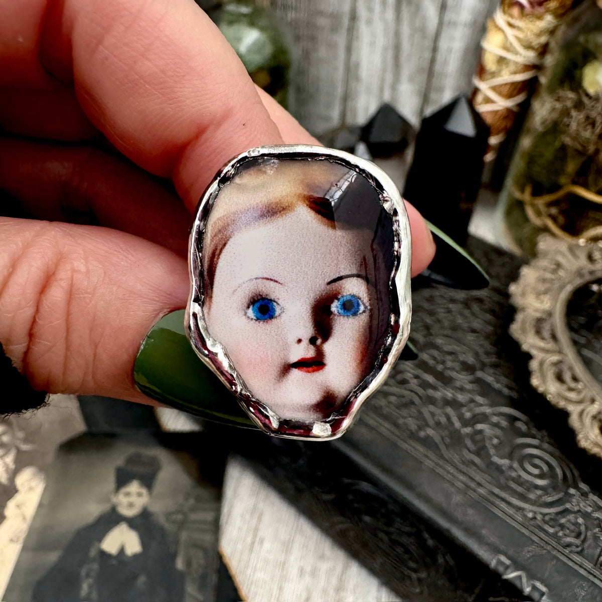 doll head statement ring, fine silver, size 7