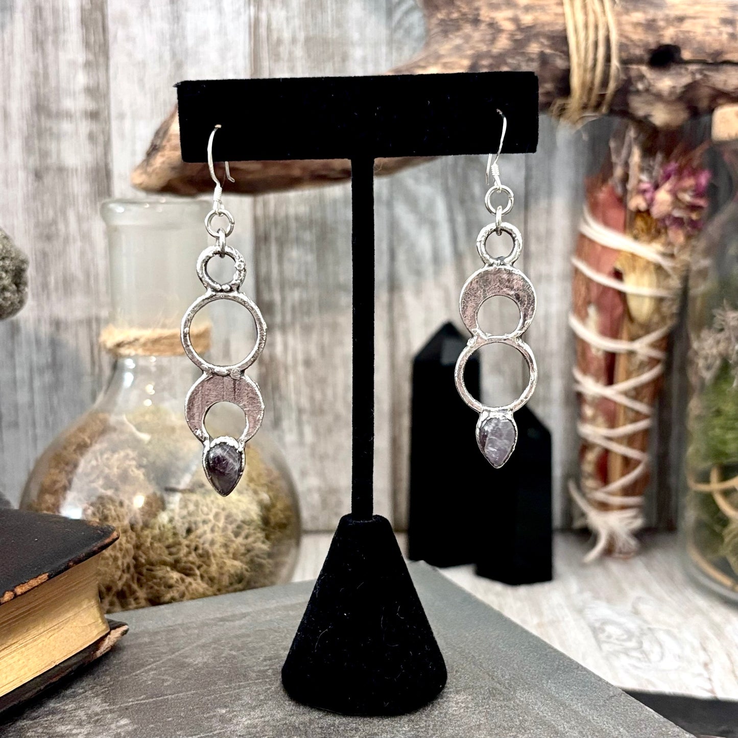 Amethyst Fine Silver Crystal Dangle Earrings / Long Dangle Witchy Earrings
