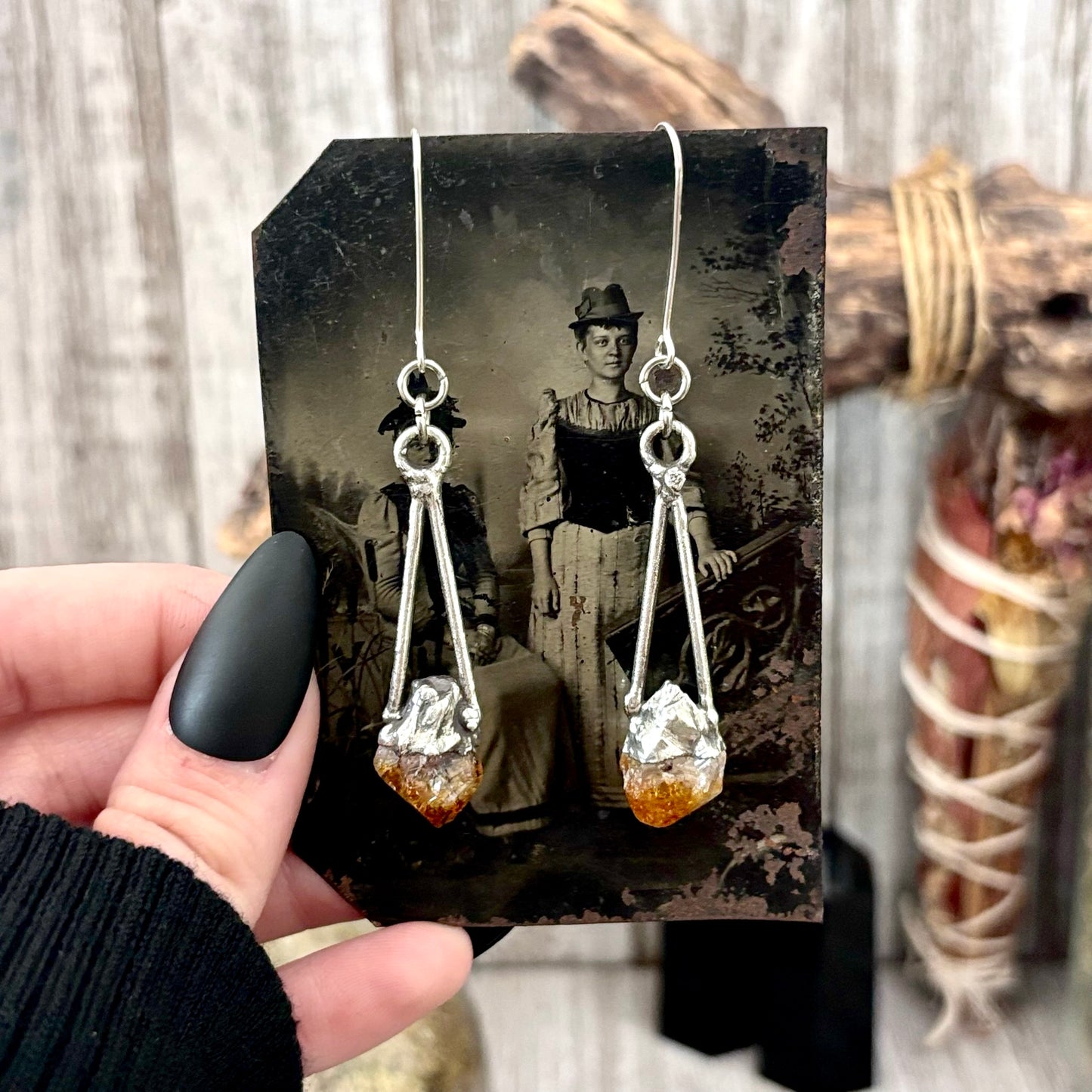 Raw Citrine Fine Silver Crystal Dangle Earrings / Long Dangle Witchy Earrings FOXLARK