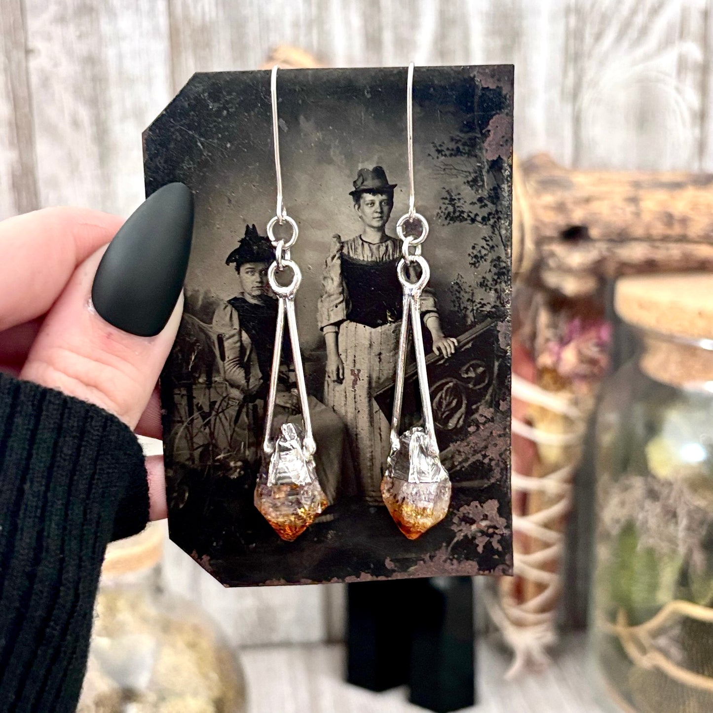 Raw Citrine Fine Silver Crystal Dangle Earrings / Long Dangle Witchy Earrings FOXLARK